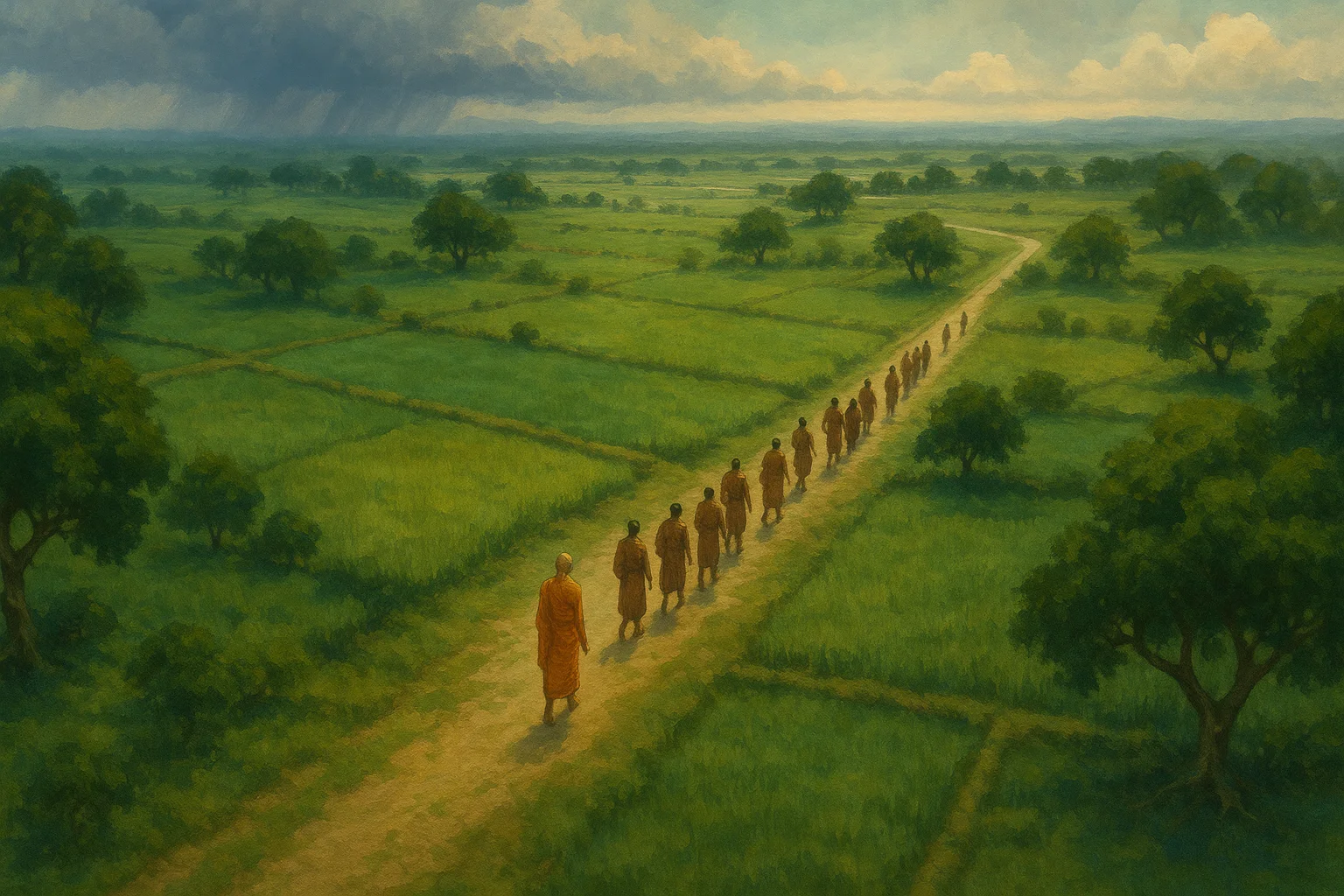 A procession moving through the Indo-Gangetic Plain with the Buddha leading