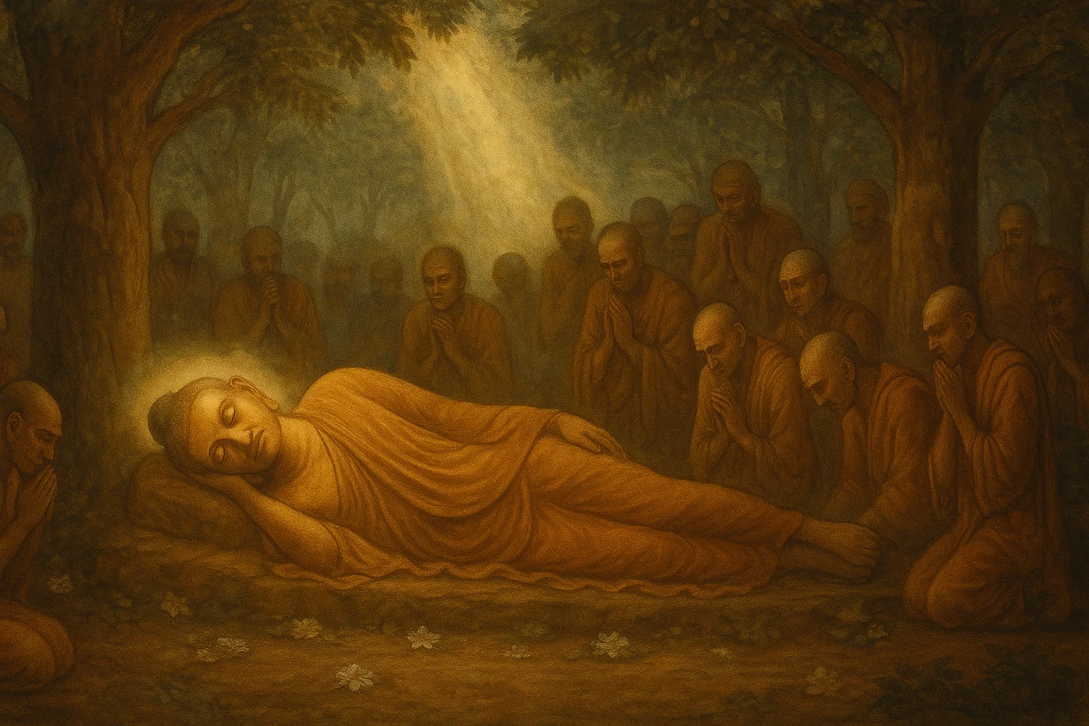 The Buddha lying in peaceful repose between twin sal trees in Kushinagar