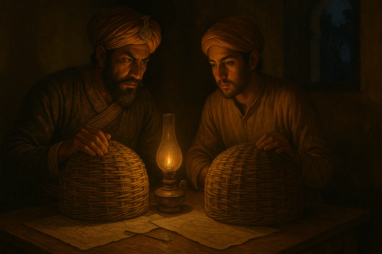 Shivaji and his son examining woven fruit baskets by oil lamp light