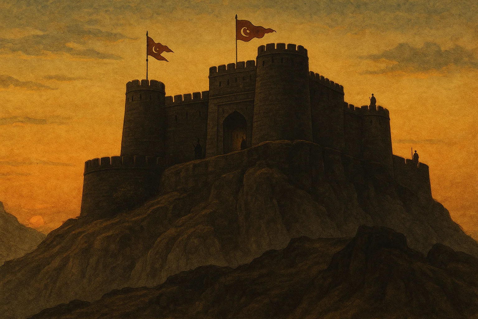 The imposing silhouette of Sinhagad fortress perched on rocky hills at dusk